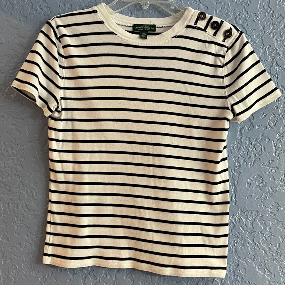 Lauren Jeans Co White T-shirt Black Stripe 3 Button Shoulder Size S/P GUC